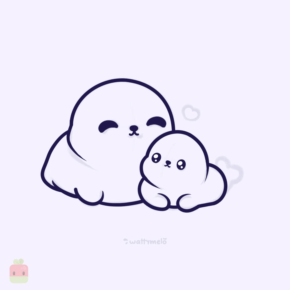 4. Draw the Eyes and Expression ∙ Add two large, circular eyes on the baby and two half-moon eyes on the mama seal. You can make them shine with little white highlights. Include a sweet smile to enhance the kawaii look.