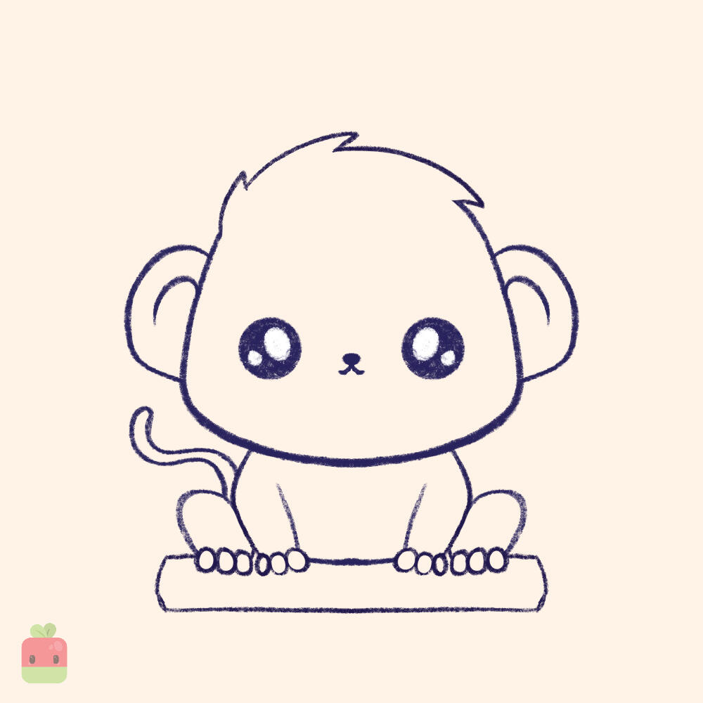 8. Add the branch ∙ Draw a branch under the monkey to make the illustration look more complete. While at this stage, also adjust the shape of the limbs and add the fingers.