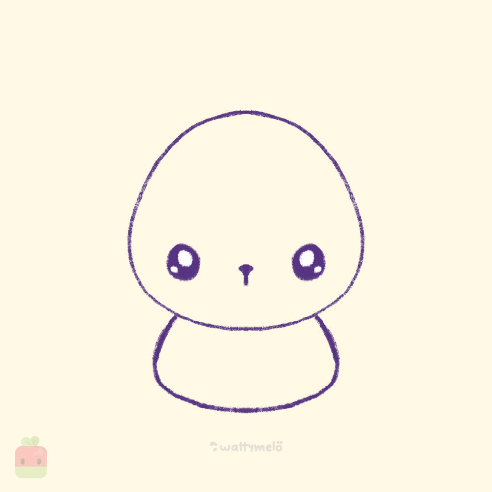 3. Add the Face ∙ Draw two big, round eyes with highlights. Place them closer to the bottom of the head for that chibi charm. Add a small nose near the center of the face and a simple downward line for the mouth.