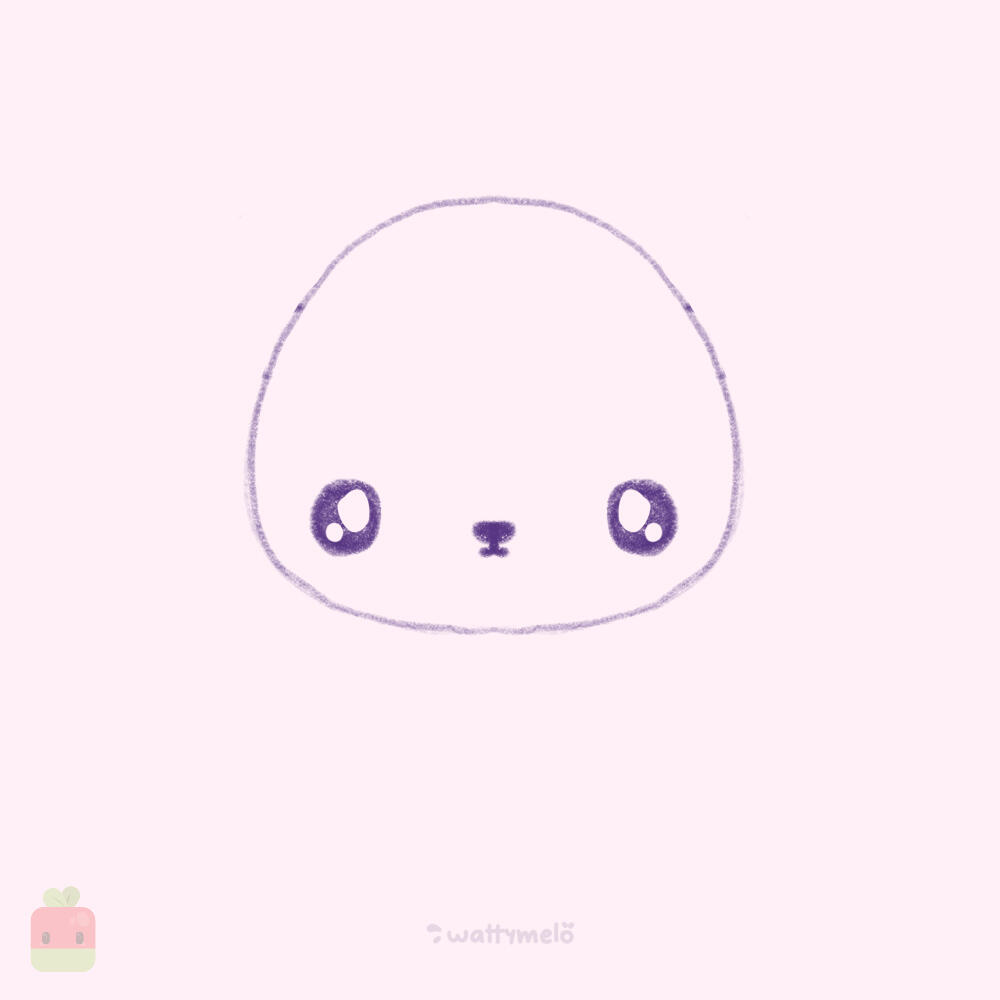 2. Add the Face ∙ Draw two big, round eyes with highlights. Place them closer to the bottom of the head for that chibi charm. Add a small nose near the center of the face and a simple, curved line for the smiley mouth.