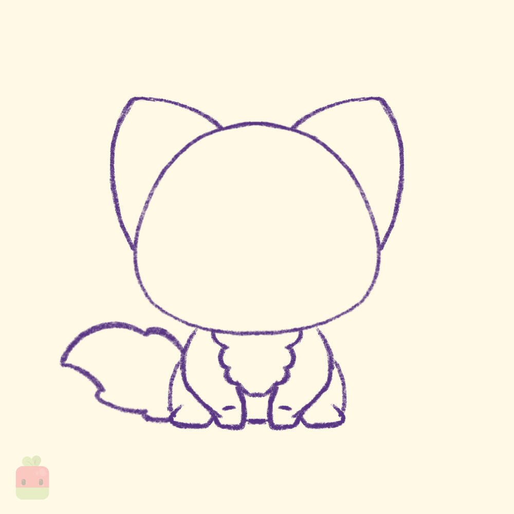 5. Draw the Detailed Body ∙ Refine the hands and legs by giving them more shape and definition. Add a fluffy chest with small, curved lines to enhance the softness. For the tail, include wavy or zigzag lines along the edges to indicate fluffiness.